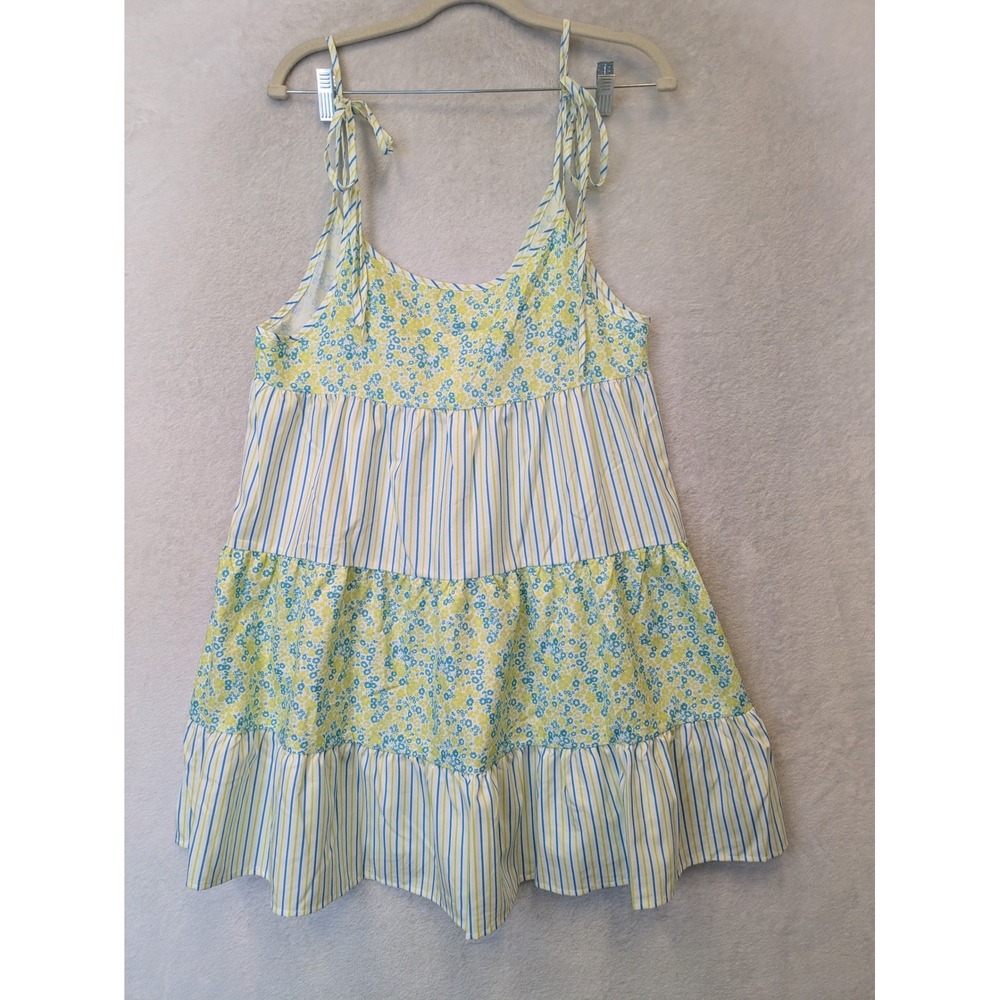 SHEIN Tiered Mini Dress Women's Size S‎ Blue Yellow Floral Striped Tie Shoulder